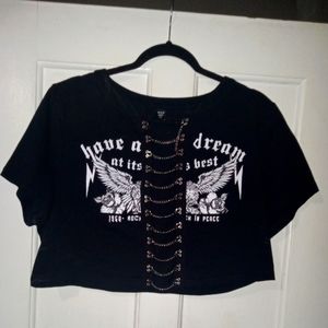 Motor cycle all black crop top with chains across the chest!